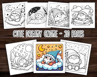 May include: A set of 20 colouring pages featuring cute gnomes sleeping in various poses. The gnomes are wearing hats and pyjamas, and some are holding stuffed animals. The pages are black and white and are perfect for colouring.