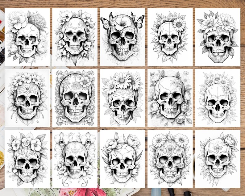 35 Blooming Skull Coloring Book, Flowers Coloring Pages, Horror