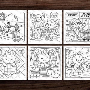 Op de afbeelding: Zwart-wit illustraties van cartoon draken in verschillende sc&egrave;nes. Een draak ligt in bed, een ander is aan het winkelen en een ander is aan het vissen. De illustraties zijn bedoeld om in te kleuren.