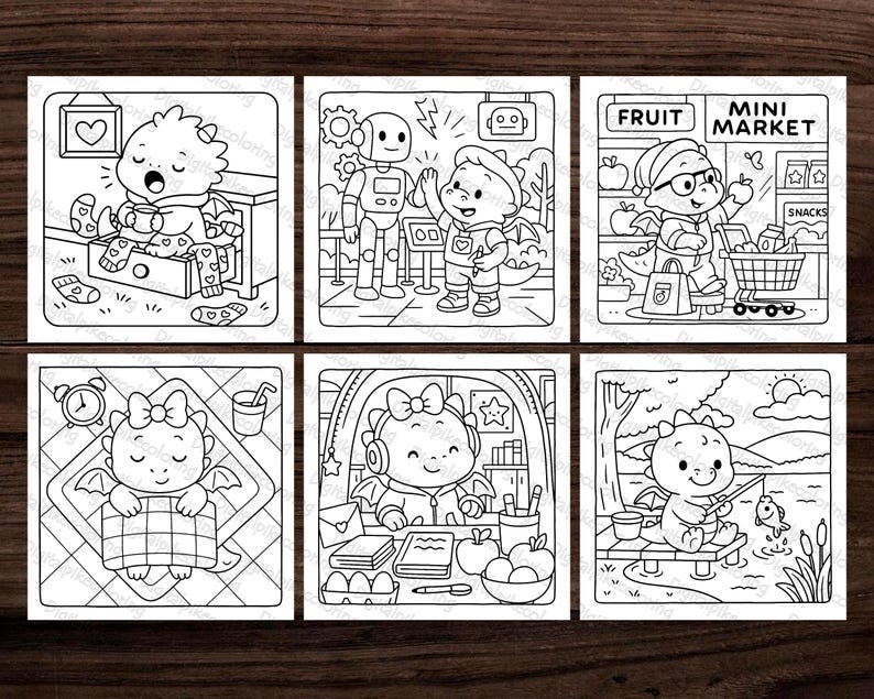 Op de afbeelding: Zwart-wit illustraties van cartoon draken in verschillende sc&egrave;nes. Een draak ligt in bed, een ander is aan het winkelen en een ander is aan het vissen. De illustraties zijn bedoeld om in te kleuren.