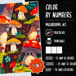 Color by Numbers, Digital Coloring Pages, Paint by Numbers, Procreate Coloring Book, Adults Coloring Book, Mushrooms Coloring by Number