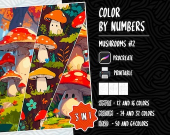 Color by Numbers, Digital Coloring Pages, Paint by Numbers, Procreate Coloring Book, Adults Coloring Book, Mushrooms Coloring by Number