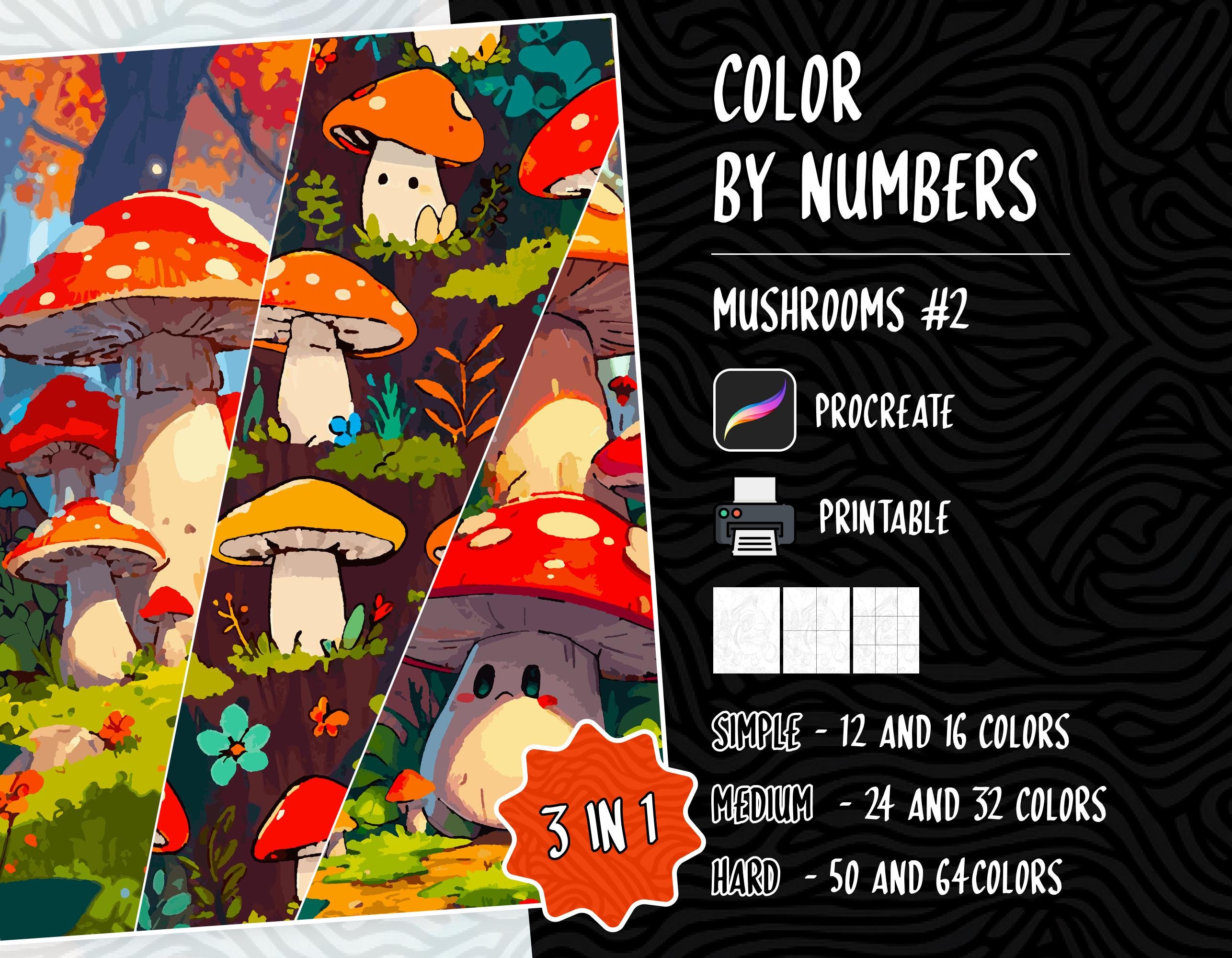 Mushroom Color by Numbers Digital Coloring Pages for Adults | Procreate & Printable Paint by Numbers