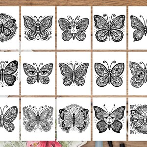 K&ouml;nnte beinhalten: Set mit 12 Schwarz-Wei&szlig;-Schmetterlings-Illustrationen. Jeder Schmetterling hat komplizierte Details und ein einzigartiges Design. Die Schmetterlinge sind in einem Rastermuster auf wei&szlig;em Hintergrund angeordnet.