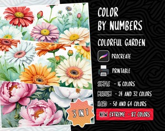 Kleur op nummer, Verf op nummer, Digitale kleurplaten, Procreate Coloring Book, Kleurboek volwassenen, Bloemen kleuren, Bloemen kleuren