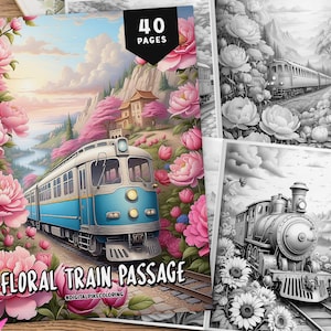 40 Floral Train Passage Coloring Page, Grayscale Coloring Pages, Coloring Sheets, Train Coloring, Fantasy Coloring, Landscape Coloring