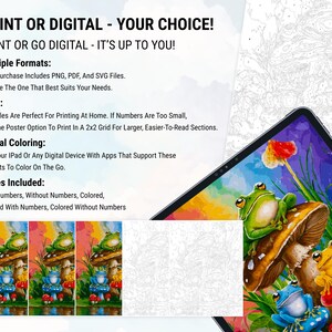 May include: A digital coloring page featuring a colorful illustration of frogs sitting on mushrooms. The image includes four different versions of the page: with numbers, without numbers, colored, and colored without numbers. The text "PRINT OR DIGITAL - YOUR CHOICE!" is at the top of the image.