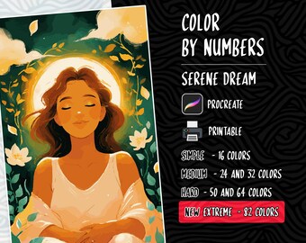 May include: Color by numbers coloring page featuring a woman with closed eyes in a white tank top, surrounded by green leaves and white flowers. The text "COLOR BY NUMBERS" and "SERENE DREAM" is at the top of the page. The text "NEW EXTREME - 82 COLORS" is at the bottom of the page.