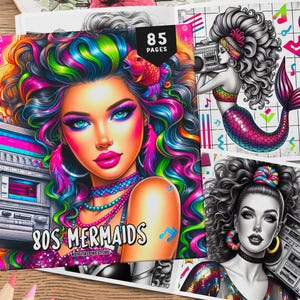 85 Libro para colorear de sirenas de los años 80 para adultos, páginas para colorear en escala de grises, páginas para colorear de mujeres, páginas para colorear de sirenas, páginas para colorear de fantasía, hojas para colorear