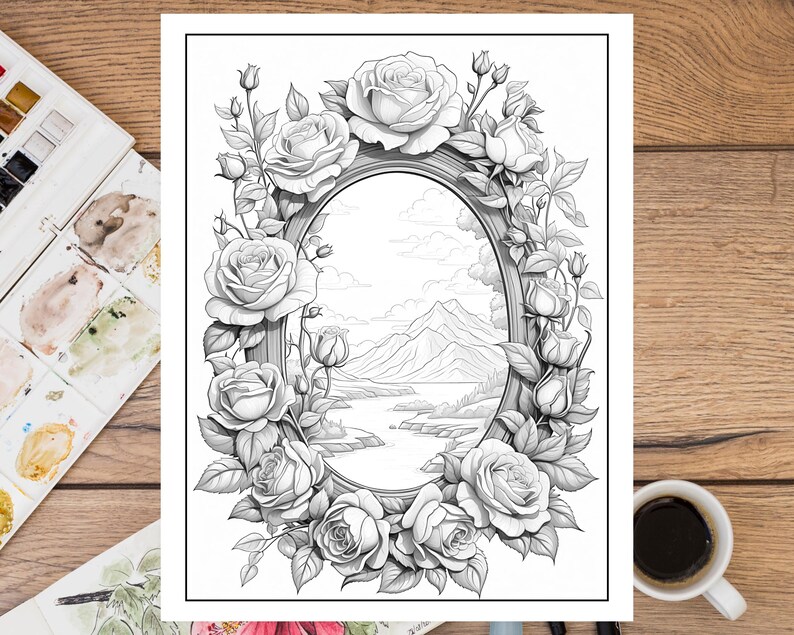 K&ouml;nnte beinhalten: Eine Schwarzwei&szlig;illustration eines dekorativen ovalen Rahmens, der von Rosen umgeben ist. Der Rahmen enth&auml;lt einen Blick auf eine Bergkette und einen Fluss.