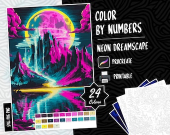 Malen nach Zahlen Landschaft Färbung Farbe nach Zahlen Digitale Färbung Procreate PDF Färbung Fantasie Färbung Traumlandschaft Neon
