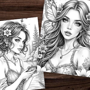 Puede incluir: Dos ilustraciones en blanco y negro de mujeres hadas. Una ilustraci&oacute;n muestra a una mujer con cabello corto y rizado, una corona floral y sosteniendo un pez. La otra muestra a una mujer con cabello largo y fluido, acentos florales y alas de mariposa.