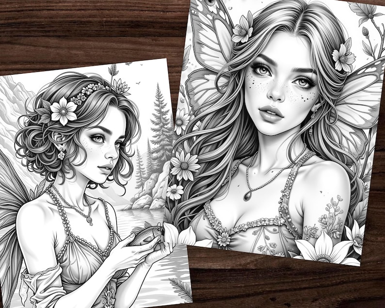Puede incluir: Dos ilustraciones en blanco y negro de mujeres hadas. Una ilustraci&oacute;n muestra a una mujer con cabello corto y rizado, una corona floral y sosteniendo un pez. La otra muestra a una mujer con cabello largo y fluido, acentos florales y alas de mariposa.