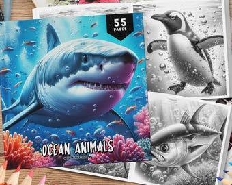 55 Ocean Creature Coloring Pages, Grayscale Coloring Book, Coloring Sheets, Ocean Animal Coloring Book, Ocean Coloring Book For Adults