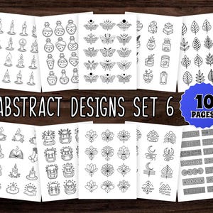 Può includere: Un set di dieci pagine di illustrazioni di design astratti in bianco e nero. I disegni includono candele, bottiglie di pozioni, falene, foglie e altri elementi decorativi. Il testo "ABSTRACT DESIGNS SET 6" è visualizzato.