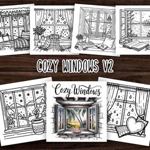 Puede incluir: Cinco ilustraciones en blanco y negro de ventanas con diferentes escenas en su interior. Las ventanas están todas enmarcadas y tienen diferentes estilos de cortinas. Las escenas incluyen un paisaje nevado, una playa con un faro, una playa tropical, una habitación con una chimenea y una habitación con un libro y gafas. El título "Cozy Windows V2" está escrito debajo de las imágenes.