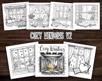 May include: Five black and white illustrations of windows with different scenes inside. The windows are all framed and have different styles of curtains. The scenes include a snowy landscape, a beach with a lighthouse, a tropical beach, a room with a fireplace, and a room with a book and glasses. The title "Cozy Windows V2" is written below the images.