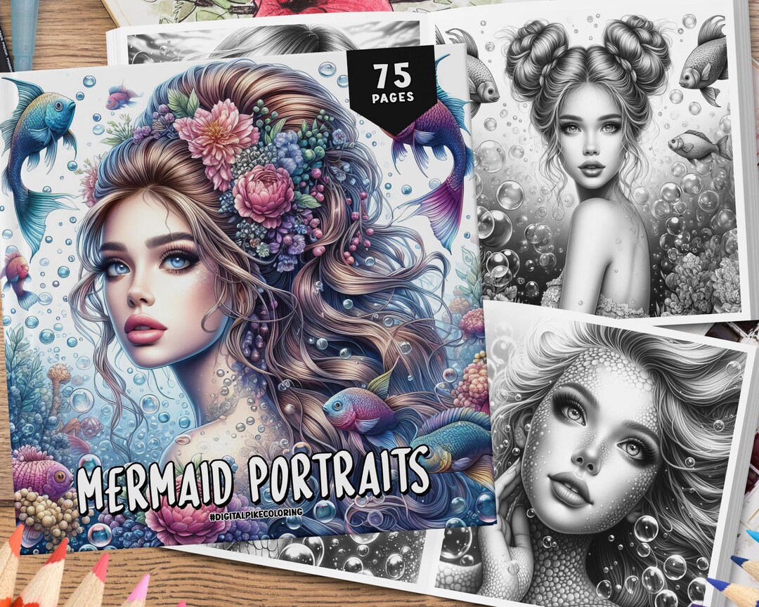75 Beautiful Mermaid Portraits Coloring Pages, Grayscale Coloring Pages ...