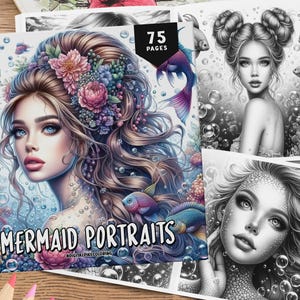 75 hermosas páginas para colorear de retratos de sirenas, páginas para colorear en escala de grises, hojas para colorear, dibujos de fantasía, libro para colorear de sirenas
