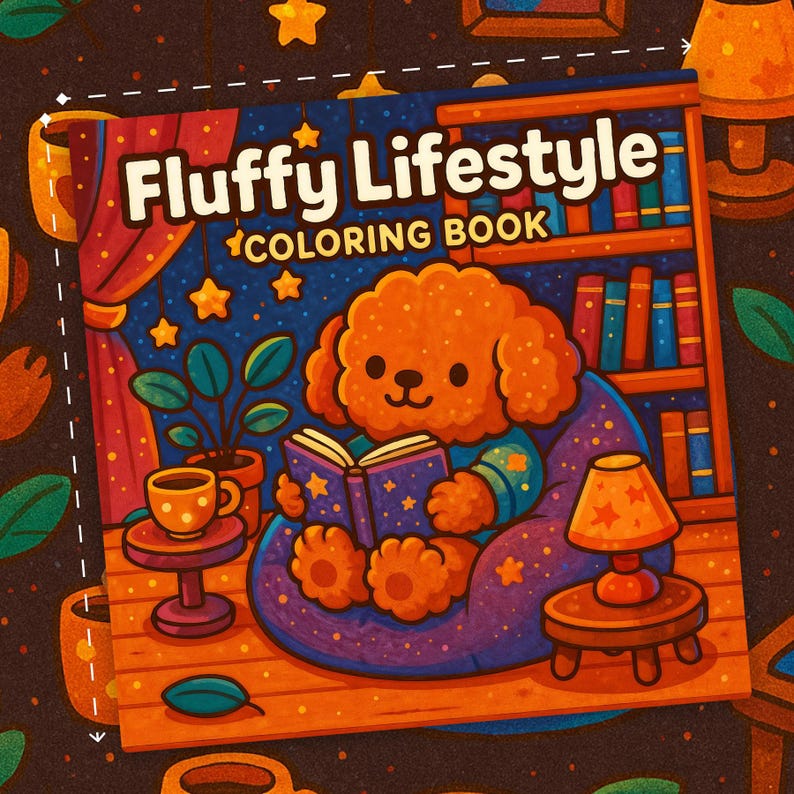 May include: A colorful illustration of a coloring book titled "Fluffy Lifestyle Coloring Book." The cover features a cartoon dog reading a book while sitting on a beanbag chair. The background includes a bookshelf, stars, and a lamp.