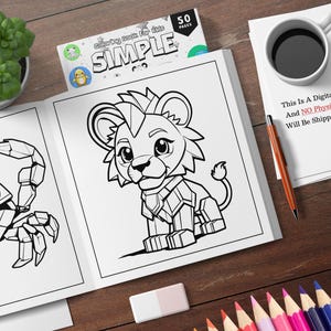 K&ouml;nnte beinhalten: Ein Schwarzwei&szlig;-Malbuch mit einem L&ouml;wen und einem Krebs auf dem Cover. Das Buch tr&auml;gt den Titel "Simple Coloring Book for Kids" und hat 50 Seiten. Der Text "This is a Digital Product, And NO Physical Item Will Be Shipped To You." befindet sich ebenfalls auf dem Cover.
