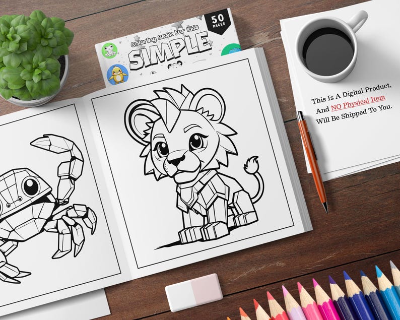 K&ouml;nnte beinhalten: Ein Schwarzwei&szlig;-Malbuch mit einem L&ouml;wen und einem Krebs auf dem Cover. Das Buch tr&auml;gt den Titel "Simple Coloring Book for Kids" und hat 50 Seiten. Der Text "This is a Digital Product, And NO Physical Item Will Be Shipped To You." befindet sich ebenfalls auf dem Cover.