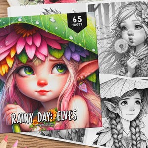 Könnte beinhalten: Ein Malbuch mit 65 Seiten mit Illustrationen von Elfen in einer regnerischen Waldlandschaft. Der Umschlag zeigt eine farbenfrohe Illustration einer Elfe mit rosa Haaren und grünen Augen, die eine Blumenkrone trägt und einen Blätterregenschirm hält. Der Titel des Buches lautet "Rainy Day: Elves".