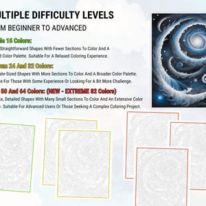 Pu&ograve; includere: Una pagina da colorare con un design a spirale di galassia. La pagina &egrave; divisa in tre sezioni, ognuna con un diverso livello di difficolt&agrave;: Semplice 16 colori, Medio 24 e 32 colori, e Difficile 50 e 64 colori (NUOVO - ESTREMO 82 colori).