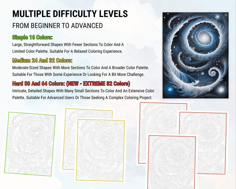 Pu&ograve; includere: Una pagina da colorare con un design a spirale di galassia. La pagina &egrave; divisa in tre sezioni, ognuna con un diverso livello di difficolt&agrave;: Semplice 16 colori, Medio 24 e 32 colori, e Difficile 50 e 64 colori (NUOVO - ESTREMO 82 colori).