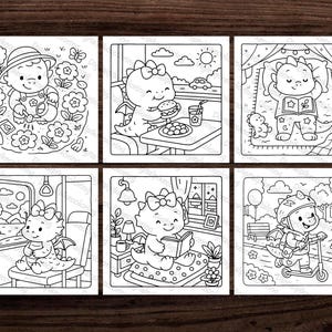 May include: A collection of six black and white coloring pages featuring adorable cartoon dinosaurs in various scenes. One dinosaur is gardening, another eating, and others reading, relaxing, and riding a scooter. The illustrations are detailed and suitable for children.