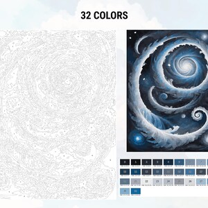Pu&ograve; includere: Un kit di pittura per numeri che presenta una galassia vorticosa con nuvole bianche e colori blu e neri. Il kit include 32 colori.