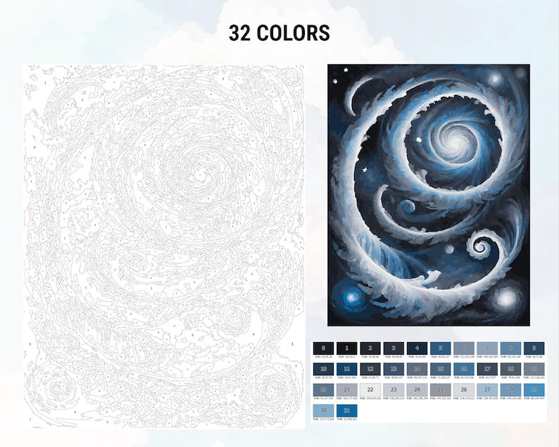 Pu&ograve; includere: Un kit di pittura per numeri che presenta una galassia vorticosa con nuvole bianche e colori blu e neri. Il kit include 32 colori.