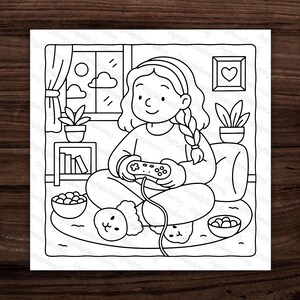 May include: Black and white line art illustration of a person gaming, holding a controller. The scene includes a window, plants, and snacks, suggesting a relaxing gaming session. The image is a coloring page.