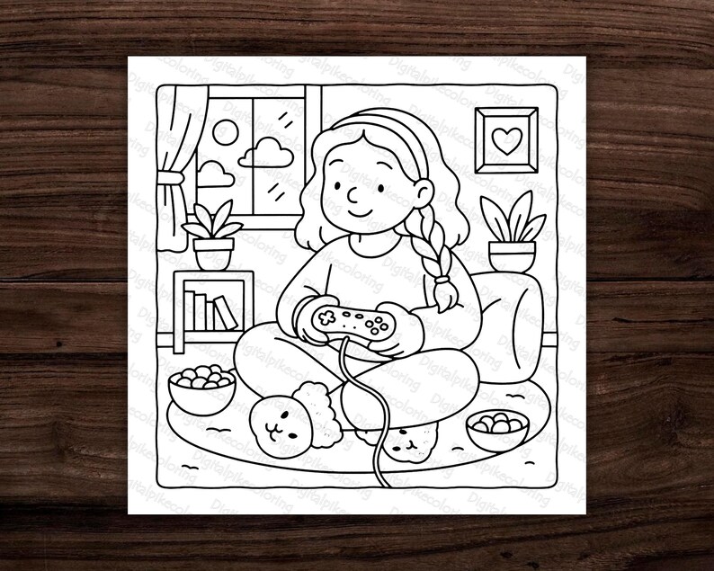 May include: Black and white line art illustration of a person gaming, holding a controller. The scene includes a window, plants, and snacks, suggesting a relaxing gaming session. The image is a coloring page.