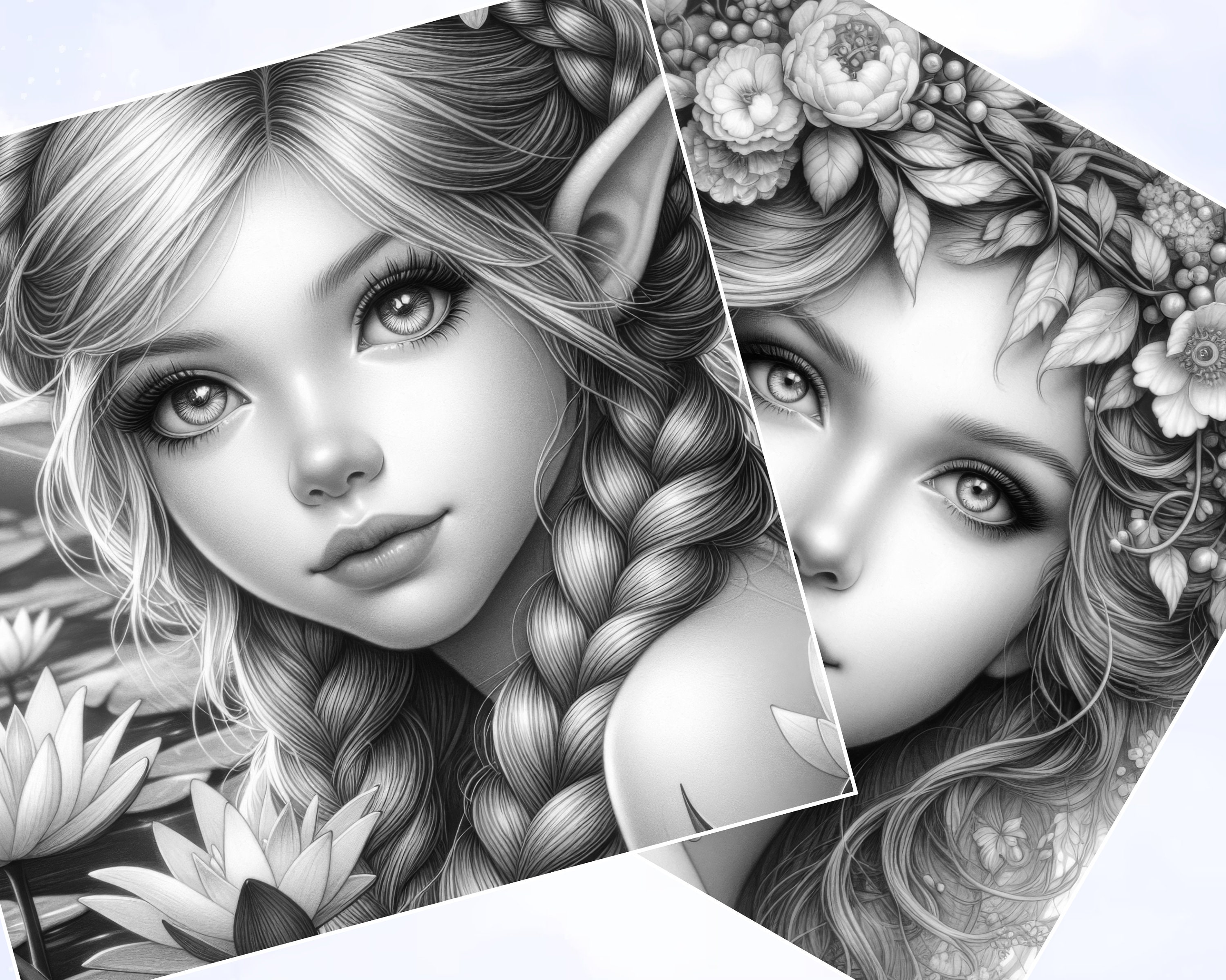 100 Beautiful Fairy Portrait Coloring Pages, Grayscale Coloring Pages ...