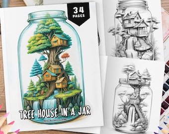 34 Tree House in a Jar Coloring Book, Coloring Sheets, Fantasy Coloring, Grayscale Coloring Book, Jar Coloring Book, PDF coloring