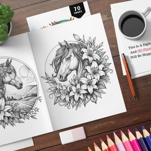 May include: A black and white coloring book page featuring two horses with floral designs. The page is open to reveal a second horse with lilies. The text "70 PAGES" is visible in the top right corner.