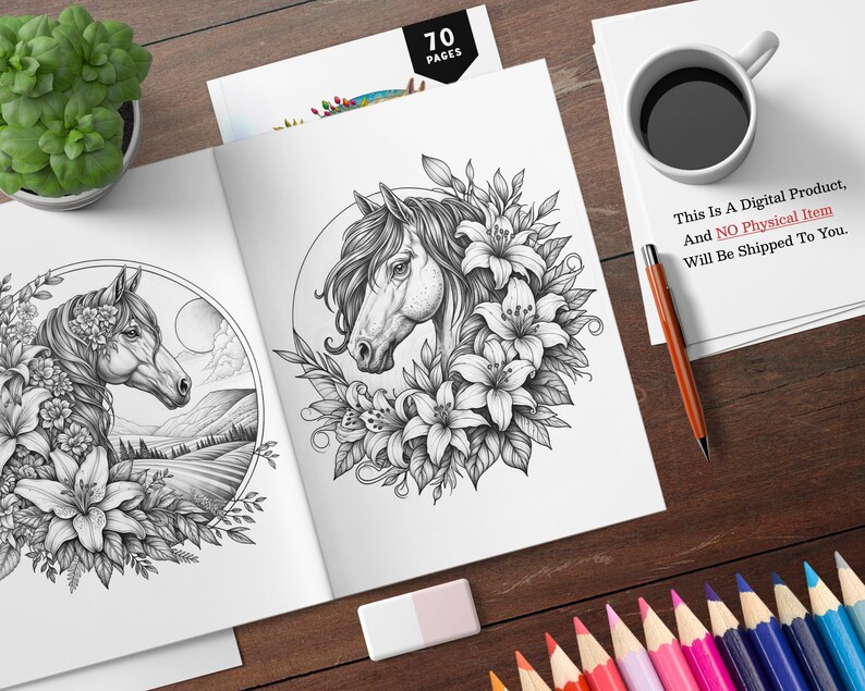 May include: A black and white coloring book page featuring two horses with floral designs. The page is open to reveal a second horse with lilies. The text "70 PAGES" is visible in the top right corner.