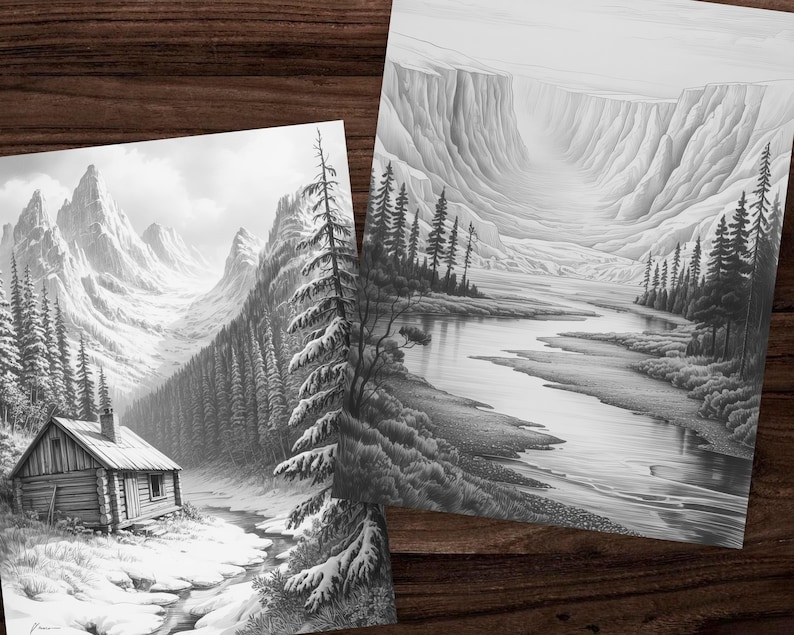 May include: Two black and white landscape art prints. One print depicts a cabin nestled in a snowy mountain scene with tall pine trees. The other print shows a river winding through a canyon with trees along the banks.