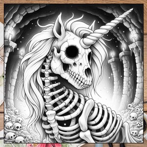 May include: Black and white illustration of a skeletal unicorn with a long horn, standing in a dark cave with stone pillars and skulls scattered on the ground.