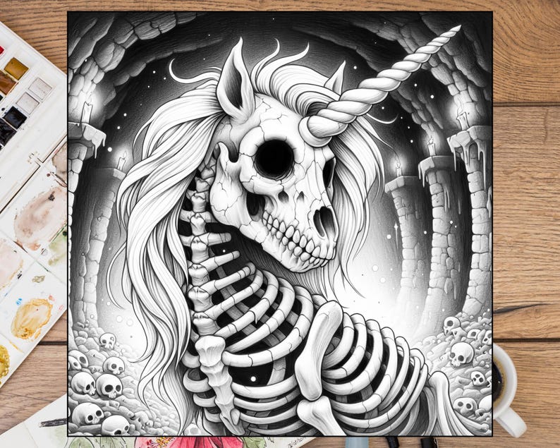 May include: Black and white illustration of a skeletal unicorn with a long horn, standing in a dark cave with stone pillars and skulls scattered on the ground.