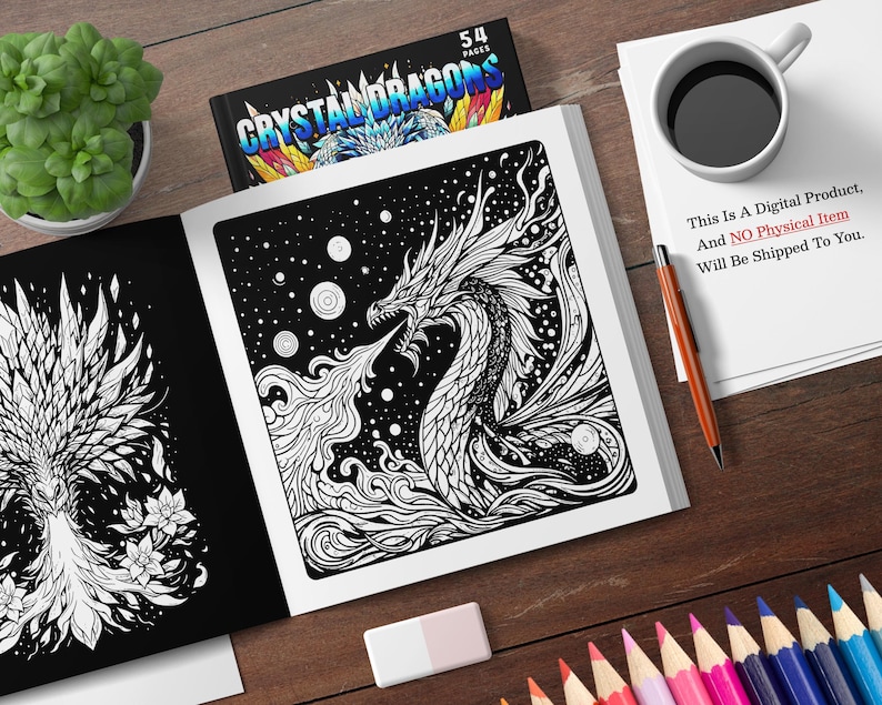 Puede incluir: Un libro para colorear en blanco y negro con un dise&ntilde;o de drag&oacute;n en la portada. El libro tiene 54 p&aacute;ginas y el t&iacute;tulo es "Crystal Dragons".