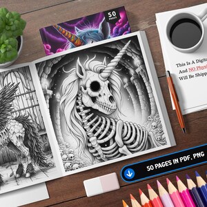 May include: A colouring book with 50 pages of intricate black and white illustrations. The cover features a skeletal unicorn with a long horn and flowing mane. The text "50 PAGES IN PDF, PNG" is visible in the lower right corner.