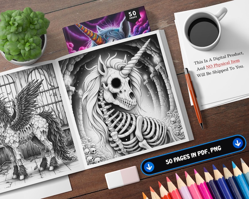May include: A colouring book with 50 pages of intricate black and white illustrations. The cover features a skeletal unicorn with a long horn and flowing mane. The text "50 PAGES IN PDF, PNG" is visible in the lower right corner.
