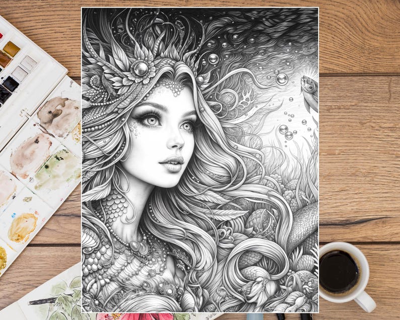Puede incluir: Ilustraci&oacute;n en blanco y negro de una mujer con cabello largo y fluido, una corona detallada y joyas intrincadas. La obra de arte es una p&aacute;gina para colorear, con un tema de sirena, rodeada de plantas acu&aacute;ticas y burbujas. Una taza de caf&eacute; y una paleta de acuarela est&aacute;n en el fondo.