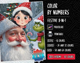 May include: A festive color by numbers coloring book with eight different designs featuring Santa Claus, a girl wearing a Santa hat, and the Grinch. The book is designed for use with the Procreate app and is printable. The book includes simple, medium, hard, and extreme difficulty levels with varying numbers of colors.