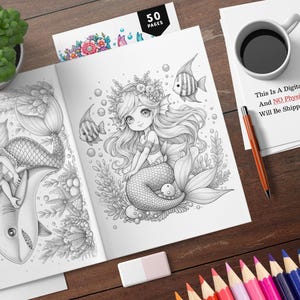 May include: A coloring book with 50 pages featuring detailed illustrations of mermaids with long flowing hair and fish tails. The illustrations are in black and white and are ready to be colored.