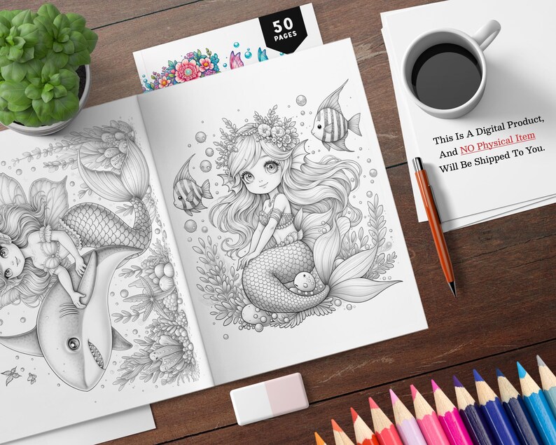 May include: A coloring book with 50 pages featuring detailed illustrations of mermaids with long flowing hair and fish tails. The illustrations are in black and white and are ready to be colored.