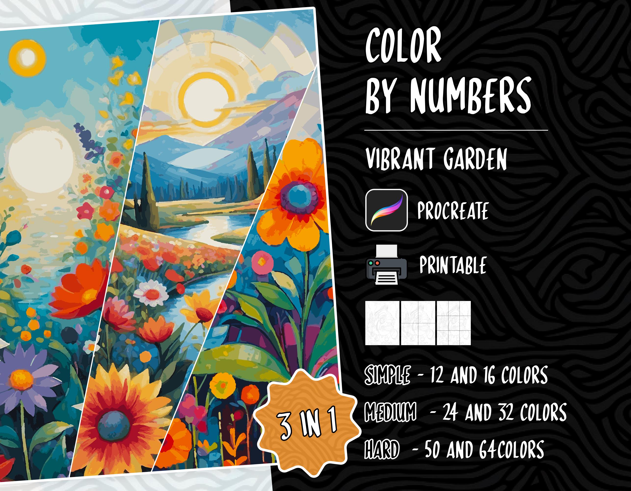 Pack Imprimible de Colorear por Números | Páginas de Colorear Digitales Paint by Numbers para Adultos y Procreate