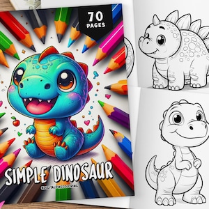 子供向けのシンプルな恐竜のぬり絵 70 ページ、大胆で簡単なぬり絵、印刷可能な PDF、恐竜のぬり絵、即時ダウンロード、デジタルダウンロード